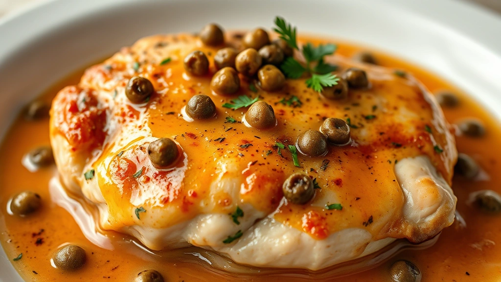 detail: close-up of finished chicken with sauce pooling around it, fresh capers and parsley visible, soft natural light from side, no text