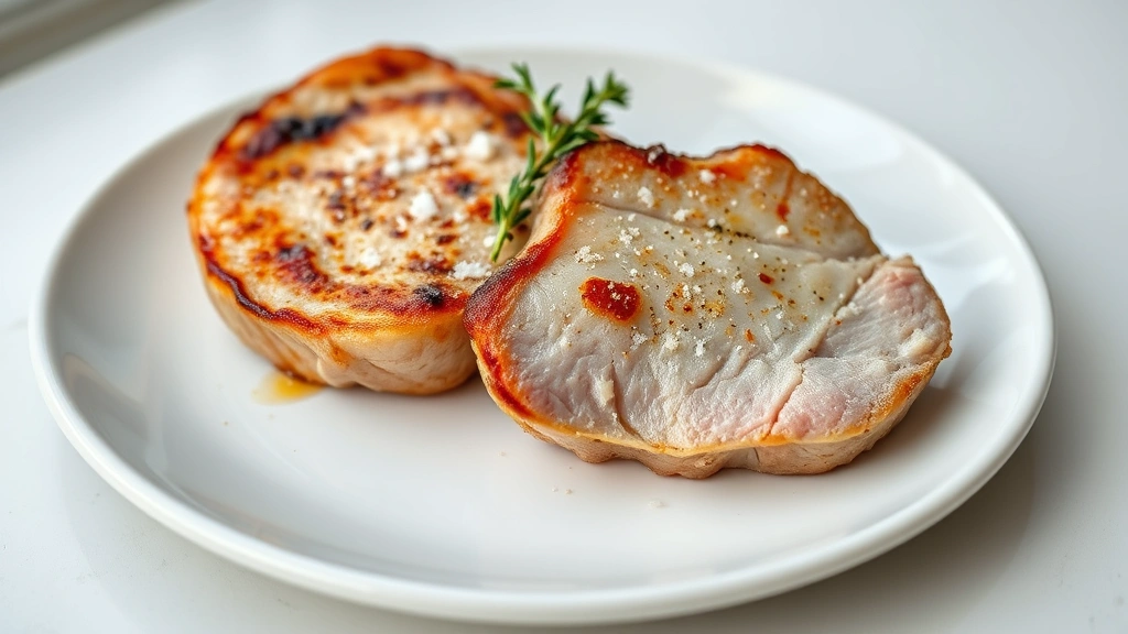 hero: perfectly cooked thin-cut pork chops with golden-brown crust, garnished with fresh thyme and fleur de sel, served on white plate, photorealistic, natural window light, food photography style, no text