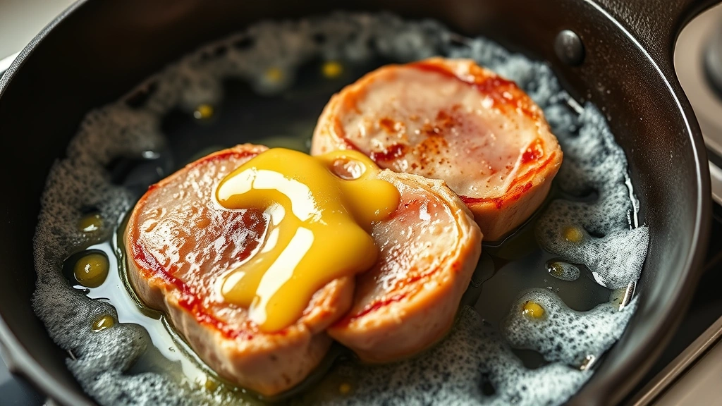 process: cast iron skillet with pork chops being butter-basted with melted butter and garlic, foaming pan, photorealistic, natural light, cooking action shot, no text