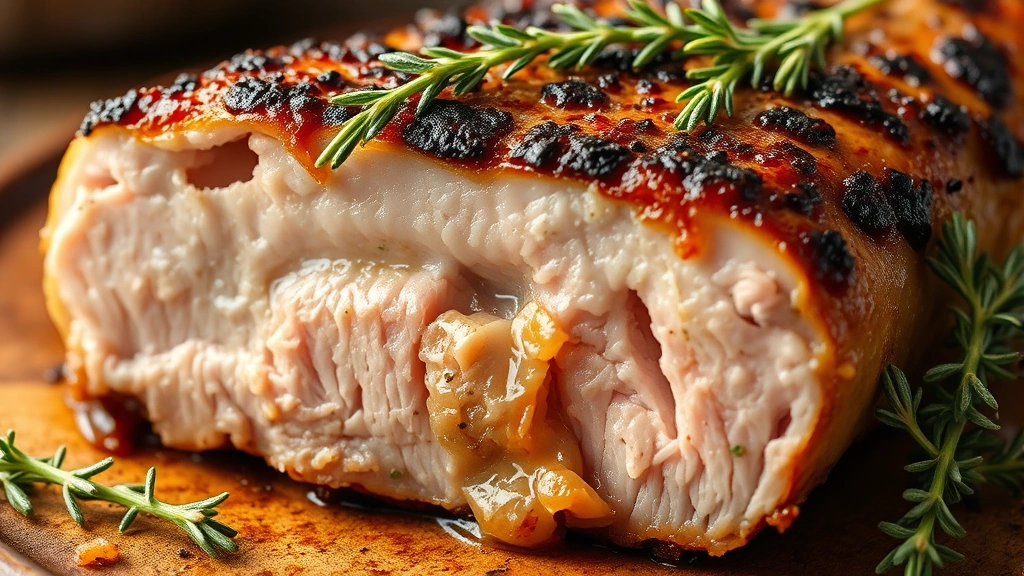detail: close-up of pork chop cross-section showing juicy interior and caramelized crust, fresh thyme garnish, photorealistic macro photography, natural light, no text