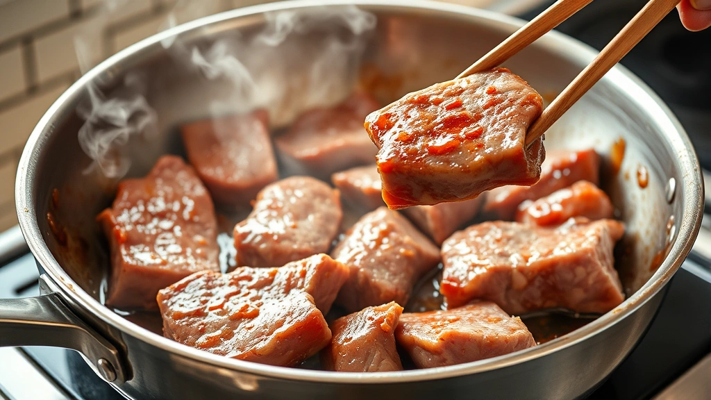 process: beef slices sizzling in stainless steel skillet with glossy sauce coating, steam rising, chopsticks holding slice, photorealistic, bright kitchen lighting, no text