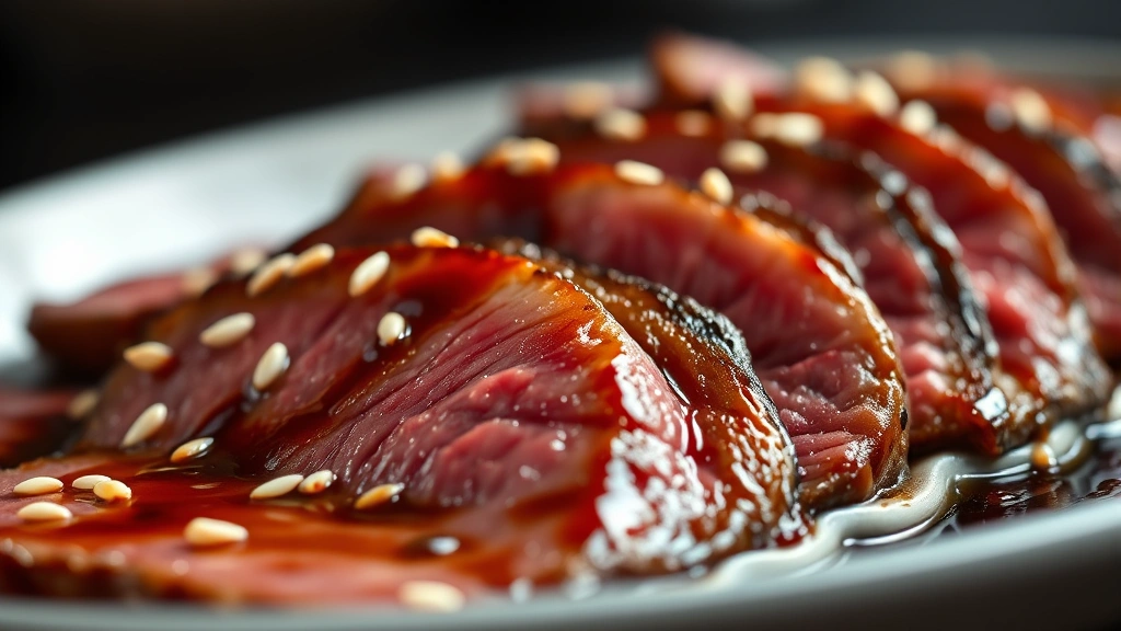 detail: close-up of tender thin sliced beef with shiny sauce and sesame seeds, macro photography, natural light, depth of field, no text
