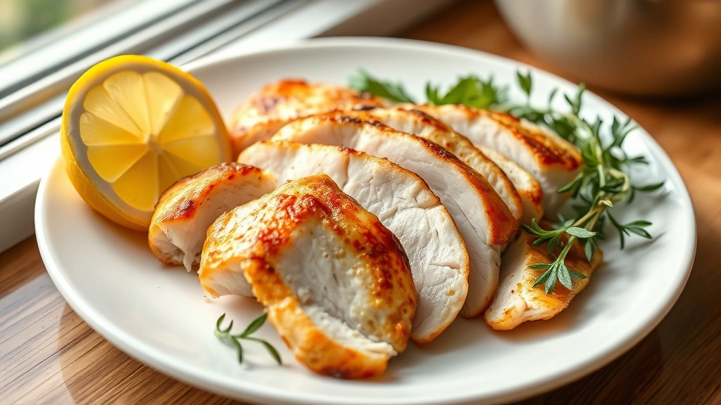 hero: perfectly golden thin sliced chicken breast on a white plate with fresh lemon wedge and herb garnish, photorealistic, natural window light, no text