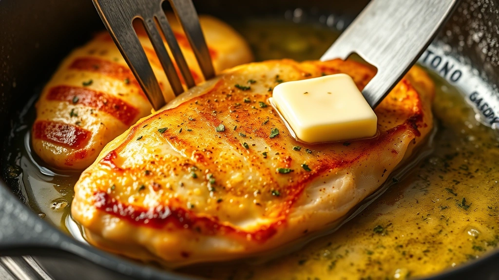 detail: close-up of golden crispy chicken breast being flipped in cast iron skillet with butter and herbs, photorealistic, natural light, no text