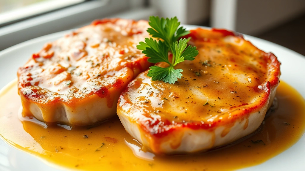 hero: golden-brown thin pork chops with pan sauce, garnished with fresh parsley, served on white plate, photorealistic, natural window light, no text