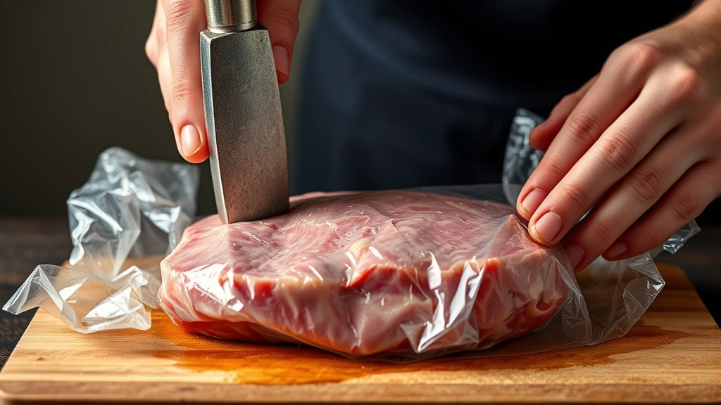 process: pounding pork chop between plastic wrap with meat mallet, photorealistic, natural light, no text