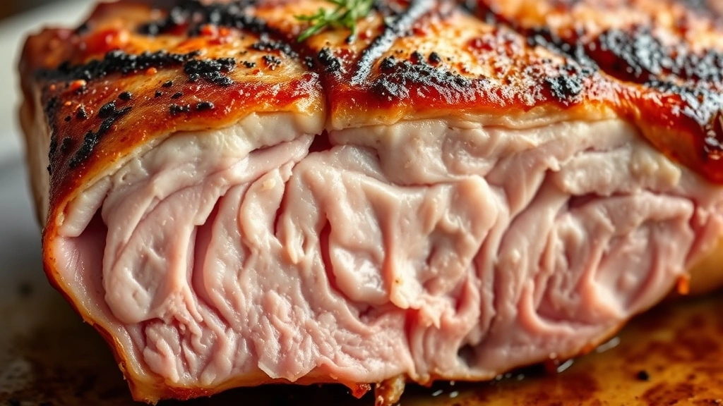 detail: close-up of perfectly seared pork chop showing golden crust and tender interior cross-section, photorealistic, natural light, no text