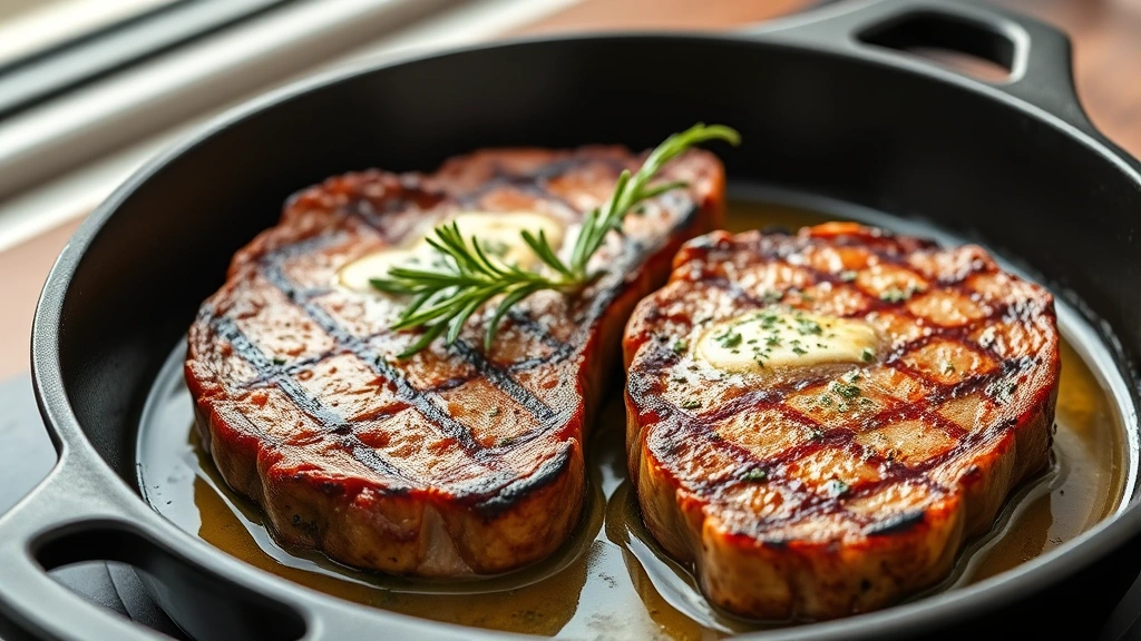 hero: two perfectly seared thin steaks in cast iron skillet, golden brown crust, melting butter with herbs, photorealistic, natural window light, no text, garnished with fresh rosemary