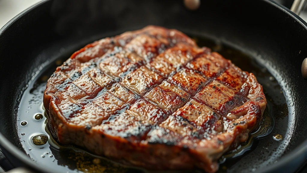 process: steak being seared in hot skillet with oil shimmering, golden crust forming, photorealistic, natural light, no text, action shot