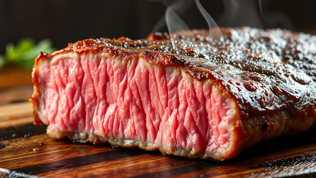 detail: close-up of cooked thin steak showing pink medium-rare interior and caramelized golden crust, photorealistic, natural light, no text, steam rising