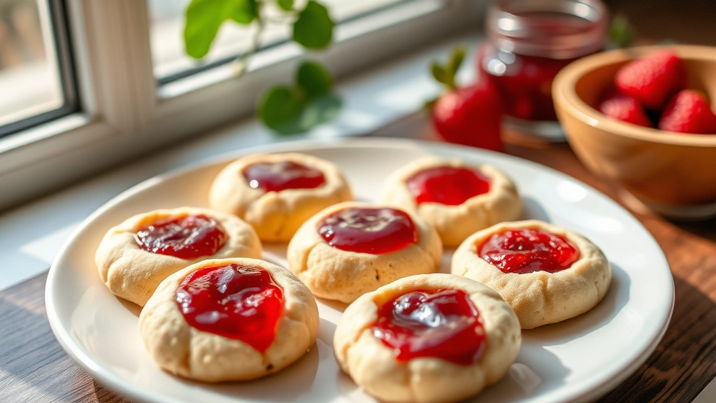 hero: homemade thumbprint cookies with colorful jam centers arranged on white plate, fresh strawberry and raspberry jam visible, natural window light, soft shadows, shallow depth of field