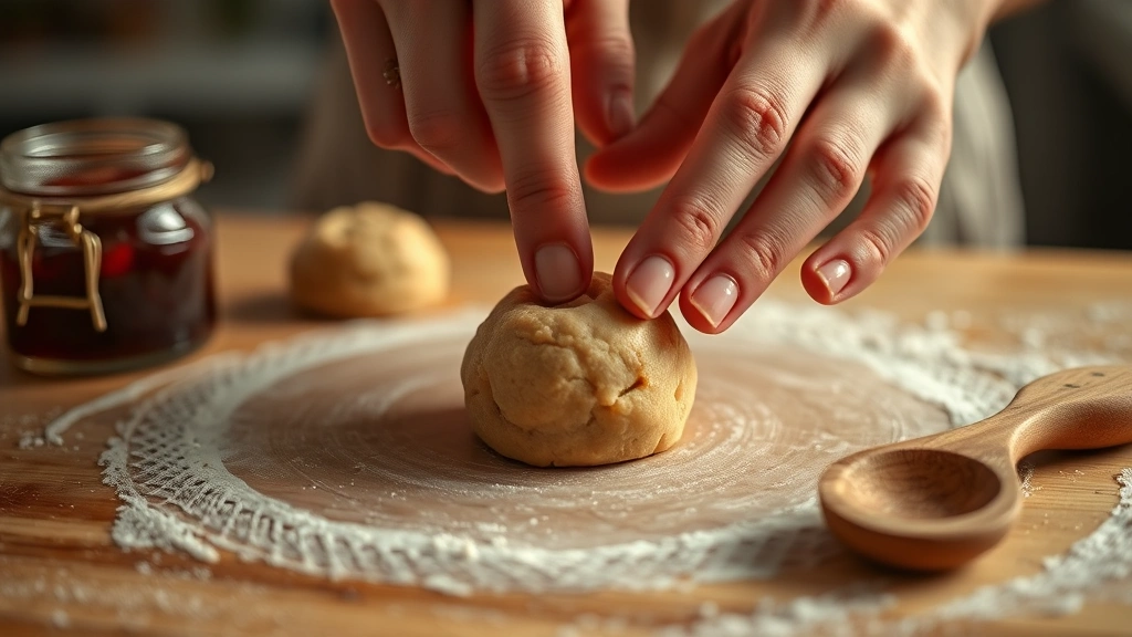process: hands pressing thumb into cookie dough ball creating indent, jam jar and wooden spoon nearby, warm kitchen lighting, close focus on hands and dough