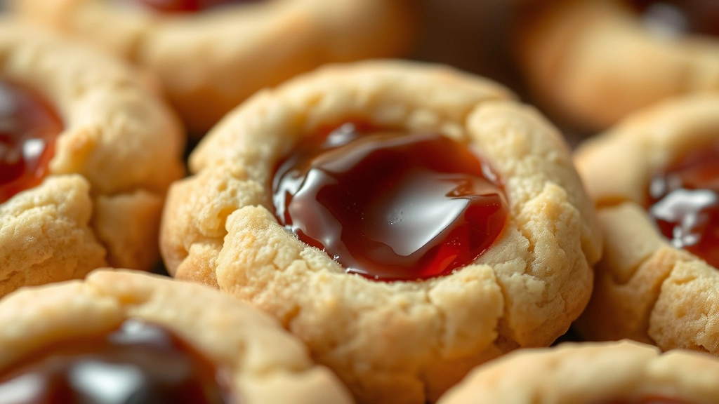 detail: close-up of single thumbprint cookie showing jewel-toned jam center and golden buttery cookie texture, natural diffused light, macro photography style