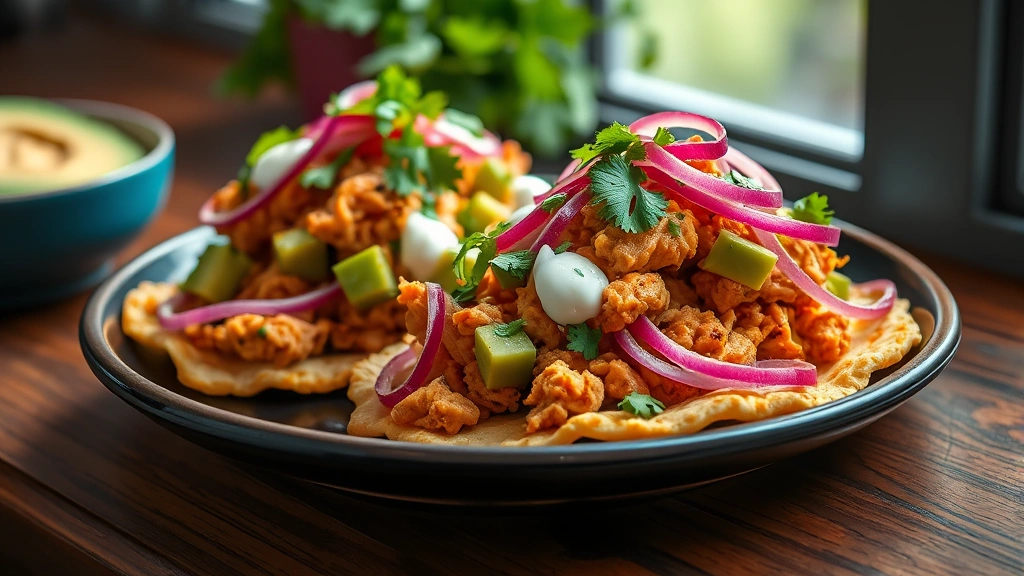 hero: tinga de pollo served on crispy tostadas with avocado, crema, pickled onions, and fresh cilantro, photorealistic, natural window light, no text
