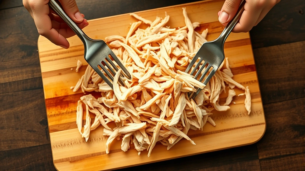 process: hands shredding cooked chicken with two forks over a cutting board, photorealistic, natural kitchen light, no text