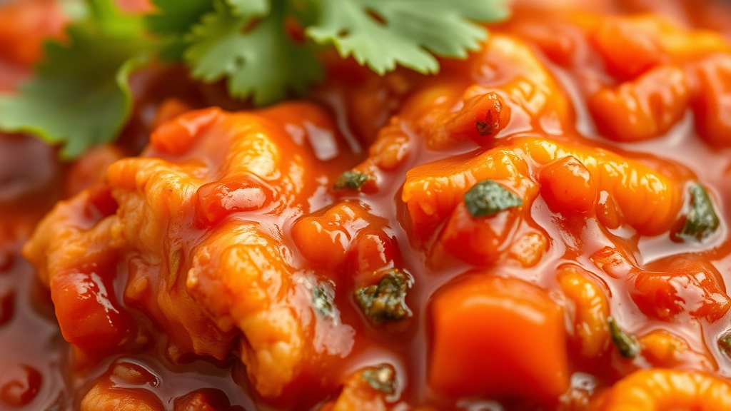 detail: close-up of tinga de pollo sauce with visible chipotle peppers and tomatoes, photorealistic, natural light showing texture and depth, no text