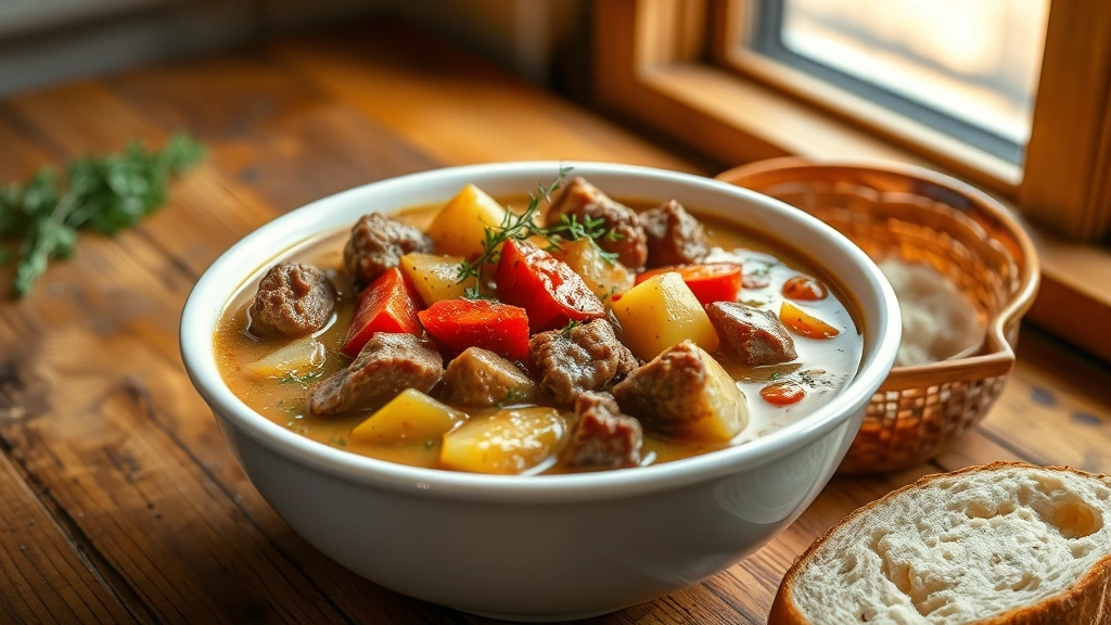 hero: creamy tinned bully beef hash with potatoes and red peppers in a white bowl, garnished with fresh thyme and parsley, crusty bread on the side, warm natural window light, rustic wooden table, inviting comfort food aesthetic
