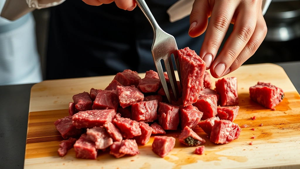 process: chef's hands breaking apart tinned bully beef into chunks with a fork over a cutting board, natural lighting from above, professional kitchen setting, close-up of the texture and preparation