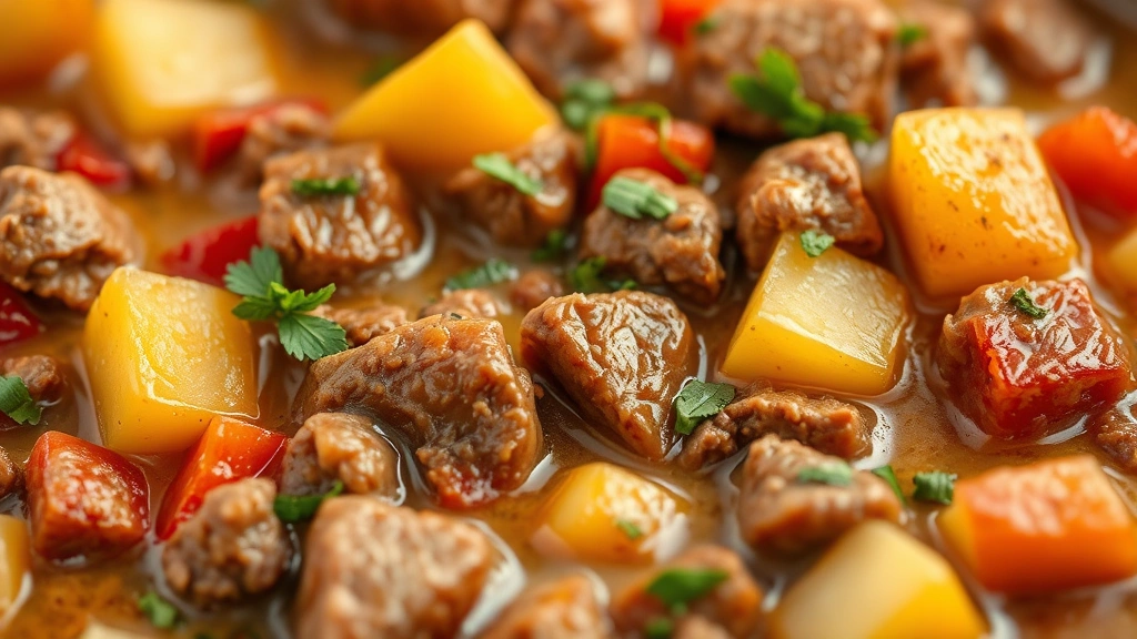detail: close-up of the creamy bully beef mixture with visible chunks of beef, diced potatoes, red peppers, and fresh herbs, shallow depth of field, warm golden lighting highlighting the sauce texture and richness