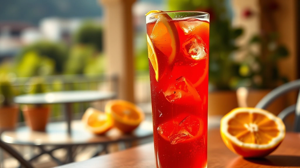 hero: tall glass of Tinto de Verano with ice, sliced oranges and lemons, deep red color, condensation on glass, bright afternoon sunlight creating shadows, Mediterranean terrace background blurred, photorealistic, natural light, no text