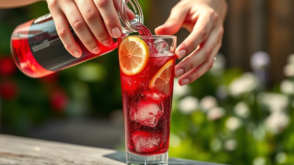 process: hands pouring chilled lemon soda into glass with red wine and ice, fruit slices visible, carbonation bubbles rising, outdoor setting, photorealistic, natural light, no text