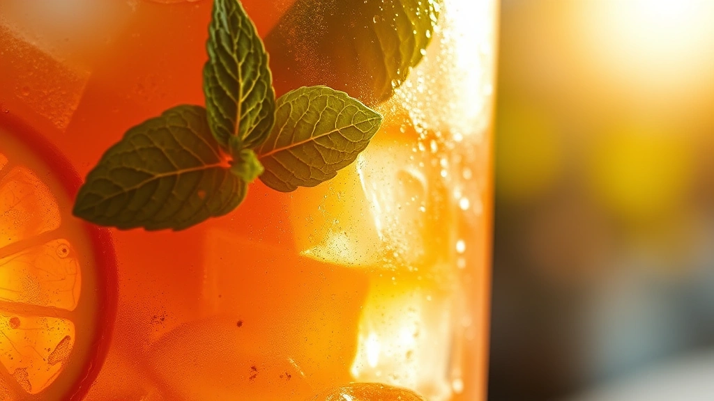 detail: close-up of Tinto de Verano glass showing layered wine and soda, fresh mint leaf, orange slice detail, ice cubes, golden afternoon light, macro photography style, photorealistic, natural light, no text