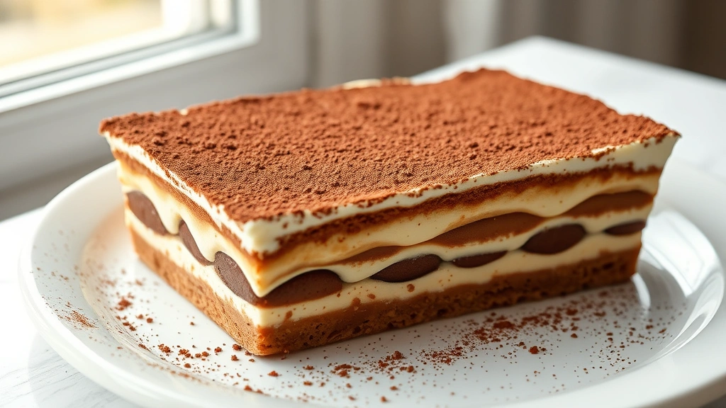hero: finished eggless tiramisu dusted with cocoa powder in a rectangular baking dish, showcasing layers, photorealistic, warm natural window light, elegant plating, no text