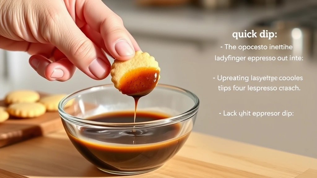 process: hand dipping ladyfinger cookie into espresso mixture over shallow bowl, showing the quick dip technique, photorealistic, bright natural light, kitchen setting, no text