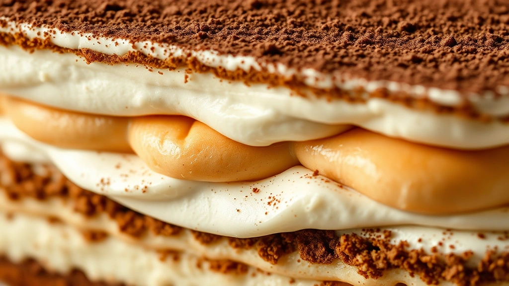 detail: close-up cross-section of tiramisu showing distinct layers of cream and ladyfingers, with cocoa powder dusting, photorealistic, macro photography, natural light, no text
