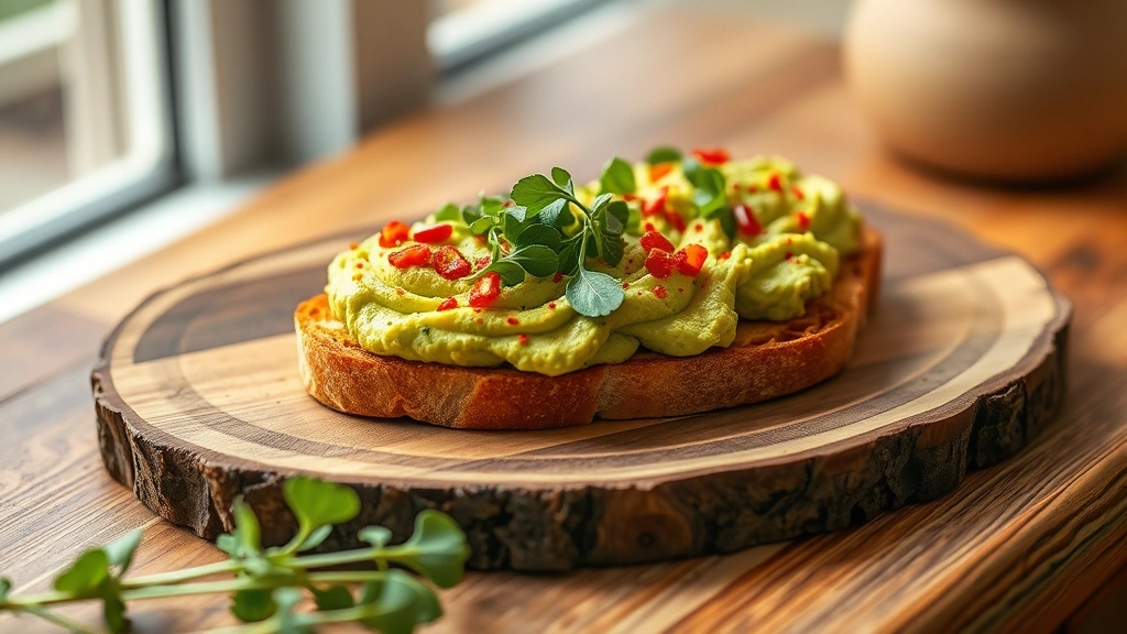 hero: perfectly plated avocado toast on rustic wooden board, golden crispy toast topped with creamy mashed avocado, microgreens, and red pepper flakes, soft natural window light, minimal props, professional food photography