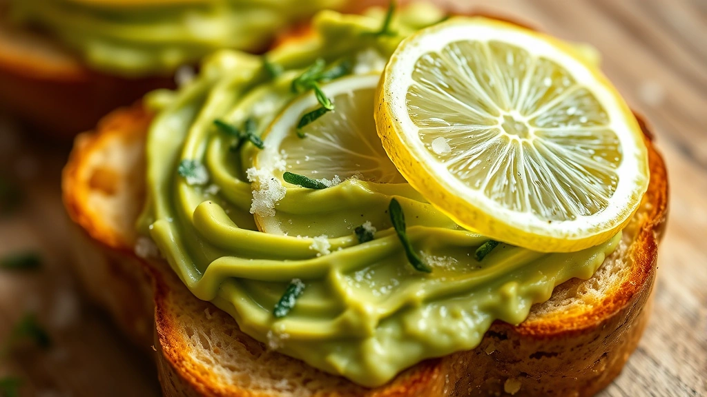 detail: extreme close-up of golden toast spread with creamy green avocado, garnished with fleur de sel, microgreens, and thin lemon slice, shallow depth of field, natural daylight, food styling focused on texture and color