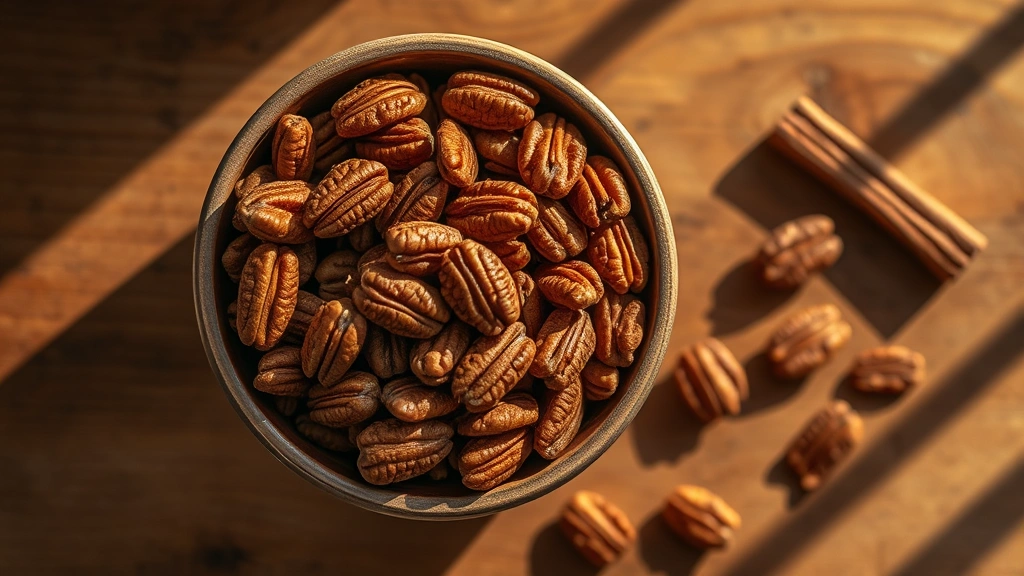 hero: overhead shot of golden-brown toasted pecans in a rustic bowl, warm natural window light casting soft shadows, scattered cinnamon sticks nearby, wooden surface, no text