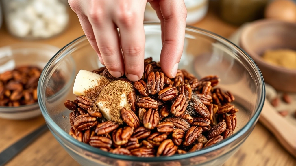 process: hands tossing pecans in a bowl with butter and spices, side angle, natural kitchen light, wooden spoon visible, ingredients blurred in background, no text
