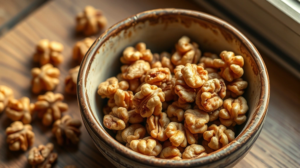 hero: golden toasted walnuts in a rustic ceramic bowl, photorealistic, natural soft window light, overhead shot, no text