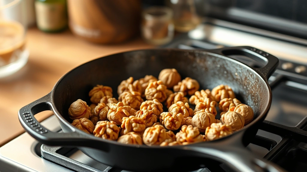 process: walnuts toasting in a cast iron skillet on stovetop, photorealistic, warm natural kitchen light, action shot, no text