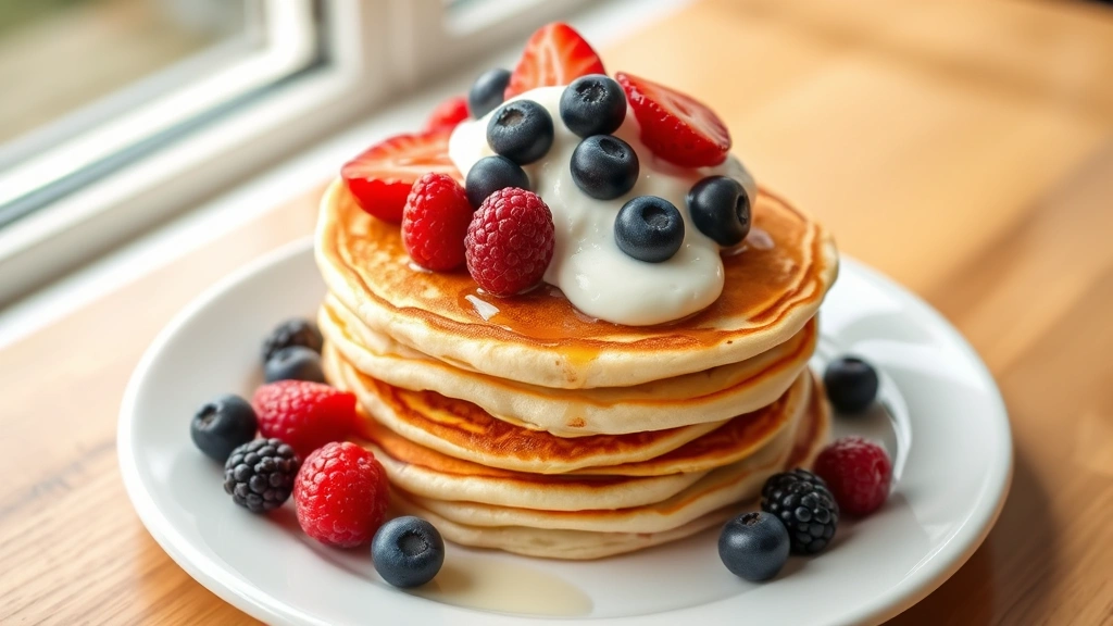 hero: stack of fluffy golden pancakes topped with fresh berries and yogurt, served on a white plate, natural window light, shot from above, no text