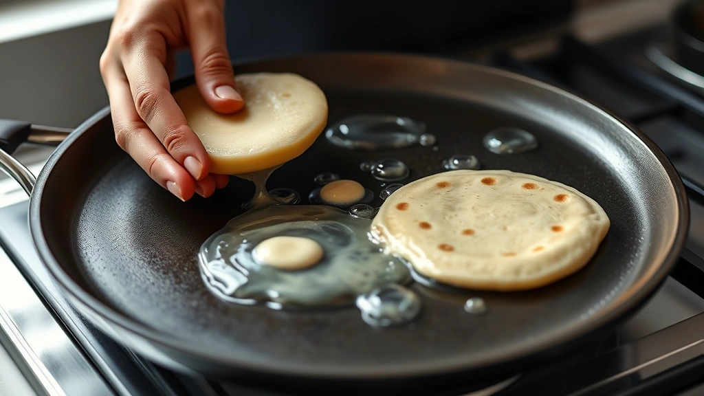 process: hand flipping pancakes on a non-stick griddle with bubbles forming on top, natural kitchen light, photorealistic, no text