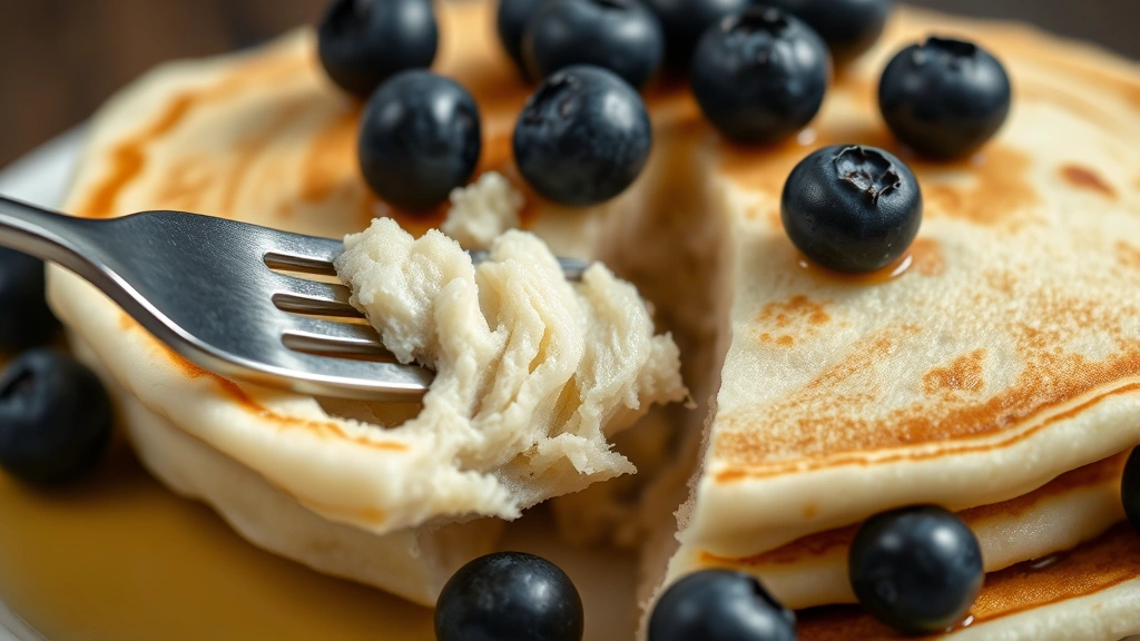 detail: close-up of a single soft pancake being cut with a fork showing fluffy interior texture, topped with blueberries, natural light, no text