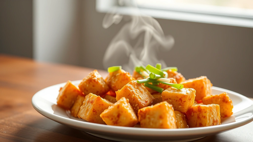 hero: golden crispy air fryer tofu cubes on a white plate, garnished with sesame seeds and green onions, steam rising, natural daylight from window, minimalist background