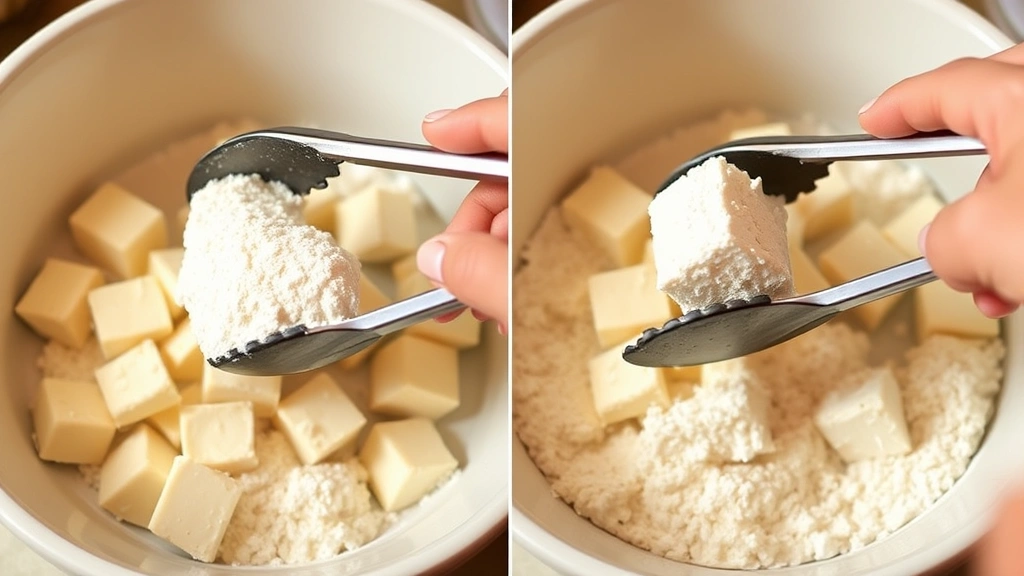 process: coating tofu cubes in cornstarch mixture with tongs in a bowl, hands visible, golden lighting, shallow depth of field