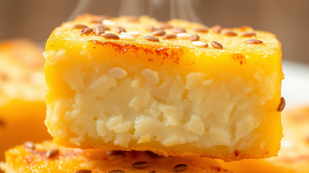 detail: close-up of single crispy tofu cube showing golden exterior and tender interior, sesame seeds visible, steam wisping, macro photography