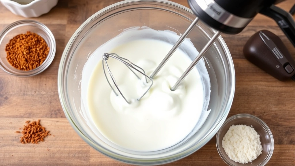 process: whisking egg whites until stiff peaks form in clear glass bowl, electric mixer, spices nearby, photorealistic, natural kitchen light, no text
