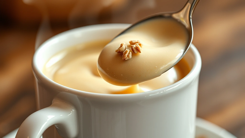 detail: close-up of creamy batter being spooned into hot mug, nutmeg garnish on top, steam, photorealistic, warm golden lighting, no text