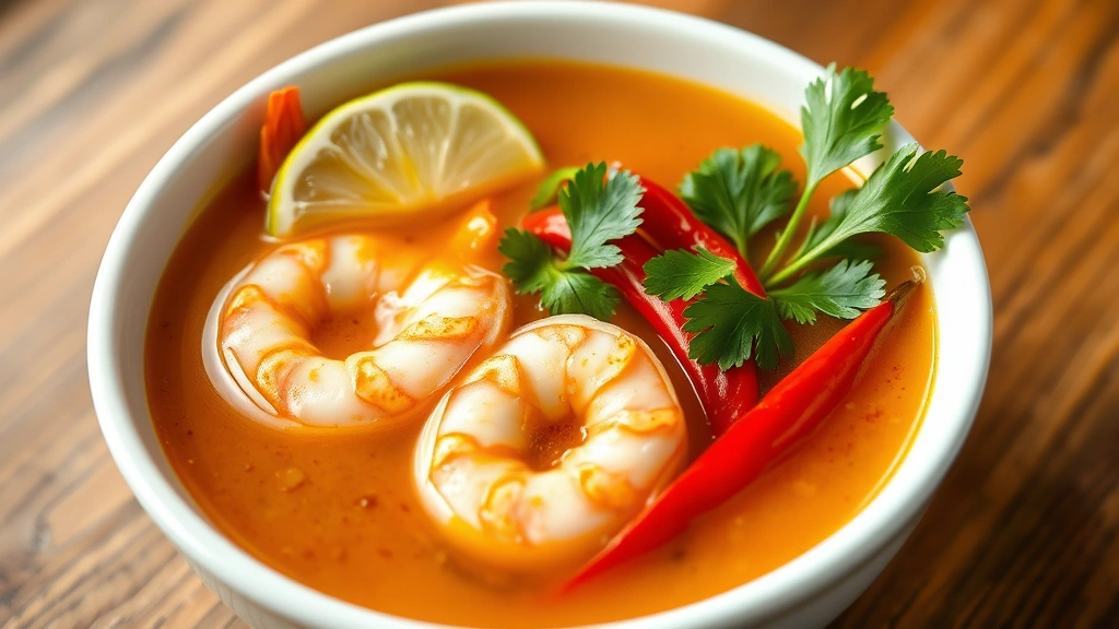 hero: steaming bowl of Tom Yum soup with pink shrimp, red chilies, fresh cilantro garnish, and lime wedge, golden aromatic broth, photorealistic, natural soft lighting, white ceramic bowl, wooden table background, no text
