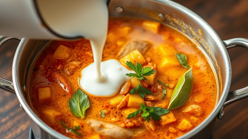 process: pouring coconut milk into pot of aromatic curry paste and broth, lemongrass visible, steam rising, photorealistic, warm natural lighting, stainless steel pot, no text
