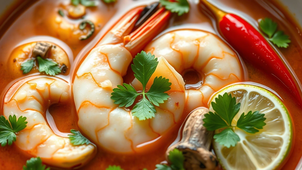 detail: close-up of Tom Yum soup showing perfectly cooked shrimp, mushroom slices, kaffir lime leaf, fresh cilantro, red chili, drops of lime juice, photorealistic, bright natural light, shallow depth of field, no text