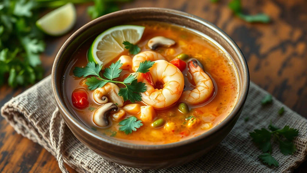 hero: steaming bowl of tom yum soup with shrimp, mushrooms and tomatoes, garnished with cilantro and lime wedges, photorealistic, natural light, no text