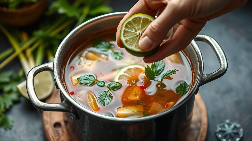 process: hand squeezing fresh lime into pot of fragrant tom yum broth with lemongrass and aromatics, photorealistic, natural light, no text