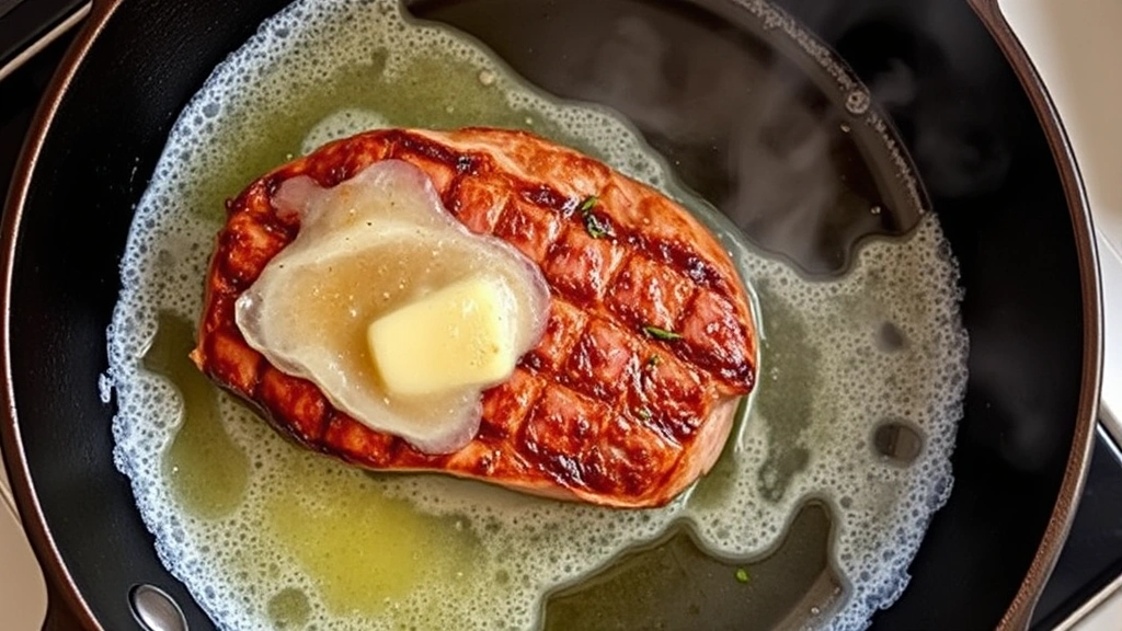 process: cast iron skillet with steak searing, butter foam and herbs visible, golden crust forming, steam rising, natural kitchen light, top-down angle, no text