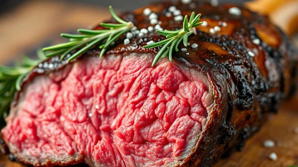 detail: close-up cross-section of tomahawk steak showing perfect medium-rare pink center with dark brown crust, rosemary sprig and fleur de sel garnish, shallow depth of field, no text